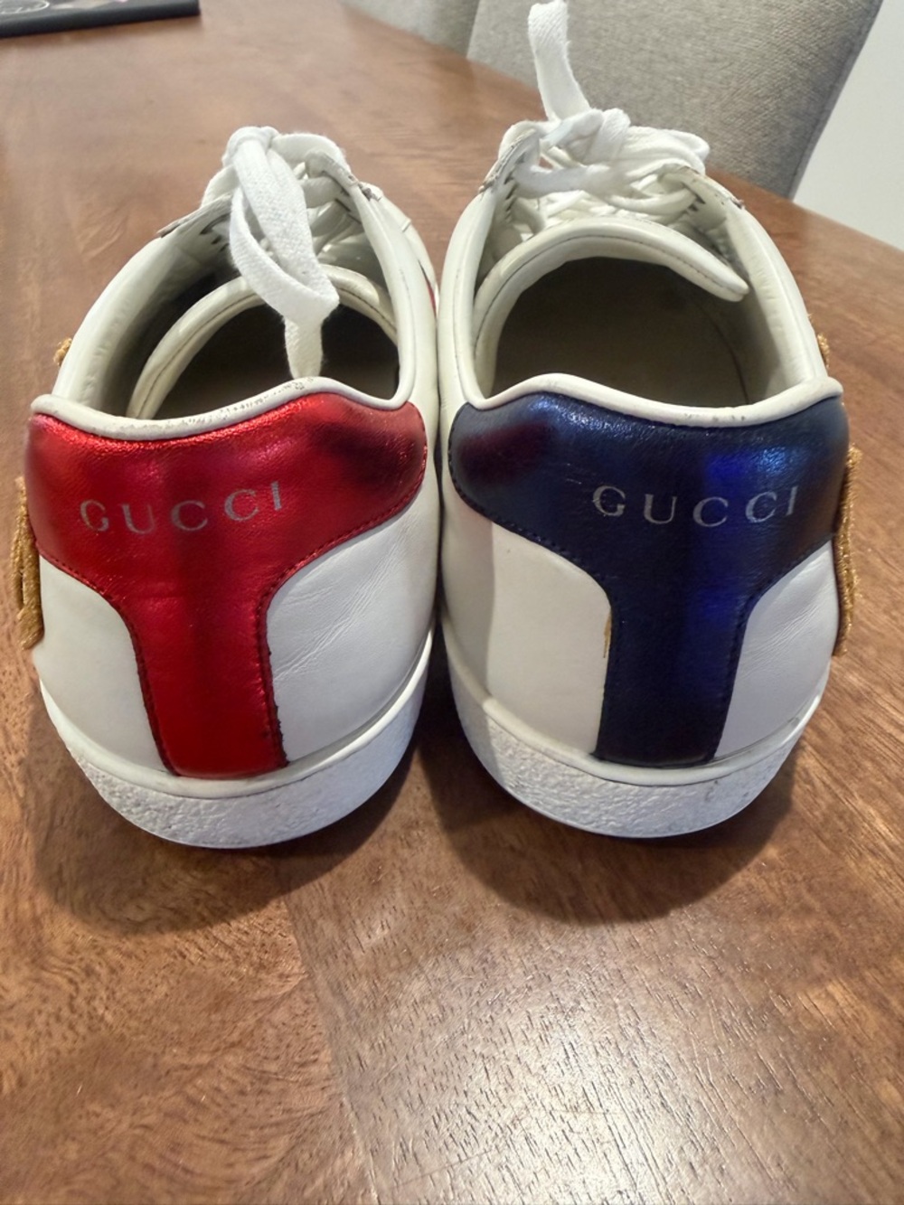 Gucci White Leather Low-Top Sneakers with Gold 'LOVED' Patch and Red & Navy Web - Picture 6 of 11